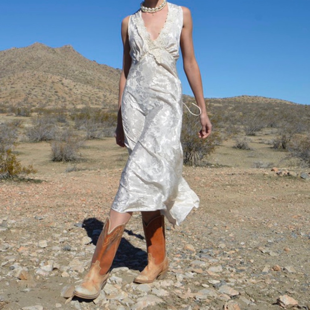 Stunning Vintage Floral Embossed Cream Maxi Slip Dress
